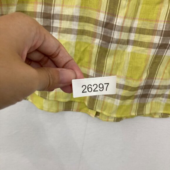 Lafayette 148 Large Parrot Green 100% Linen Plaid Relax Sabira Button Up Preppy - Picture 11 of 11